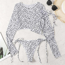 Load image into Gallery viewer, Vintage Halter Printed Leopard Bikini Female Lace Up Bottom Swimsuit Women Swimwear Long Sleeve Bathing Suits Leopard Print Swimsuit Three-pieces Bikini Set Long Sleeve Bathing Suit Cute Swimwear