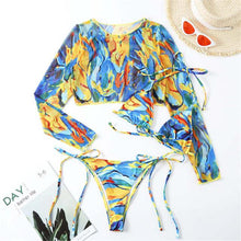 Load image into Gallery viewer, Vintage Halter Printed Leopard Bikini Female Lace Up Bottom Swimsuit Women Swimwear Long Sleeve Bathing Suits Leopard Print Swimsuit Three-pieces Bikini Set Long Sleeve Bathing Suit Cute Swimwear