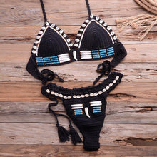Load image into Gallery viewer, Vintage Blue Bikinis 2 Piece Halter Bikini Set Women High Waist Sequin Swimsuit Set Handmade Crochet High Quality Swimsuit Women Push Up Swimwear Knitted Beach Wear Bathing Suit
