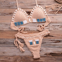 Load image into Gallery viewer, Vintage Blue Bikinis 2 Piece Halter Bikini Set Women High Waist Sequin Swimsuit Set Handmade Crochet High Quality Swimsuit Women Push Up Swimwear Knitted Beach Wear Bathing Suit