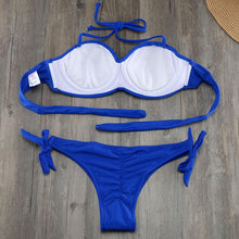 Load image into Gallery viewer, Bikini Solid Strappy Bandage Bikinis Set White Push Up Bikini Swimwear Swimsuit Bathing Suit Women's Ribbed Tie Bikini Adjustable Lace Up Bottom String Women Swimsuit