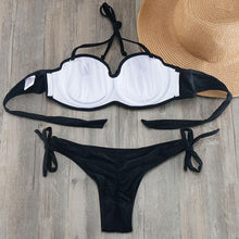 Load image into Gallery viewer, Bikini Solid Strappy Bandage Bikinis Set White Push Up Bikini Swimwear Swimsuit Bathing Suit Women's Ribbed Tie Bikini Adjustable Lace Up Bottom String Women Swimsuit