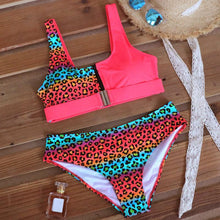 Load image into Gallery viewer, Women Bikini Set Leopard Swimwear Women High Waist String Floral Printed 2 Piece Bathing Suits Women Patchwork Swimsuits Push Up Printed Bikinis Buckle Front Beach Wear