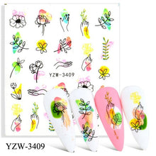 Load image into Gallery viewer, Autumn Simple Green Pink Pattern Water Nail Decal Sticker Flower Leaf Tree Winter Slider For Nail Art Manicuring Decoration Decals for Nail Art Decoration Including Hearts Stars Letters Bowknot Leaves Flowers Plants Fruits Butterflies