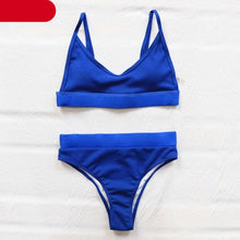 Load image into Gallery viewer, High Waist Bikinis Ribbed Swimwear Women Push Up Swimsuits Women's Scoop Neck Swimsuits High Waist Bikini Sets 2 Piece Bathing Suit Solid Strap Bathing Suit Female Set