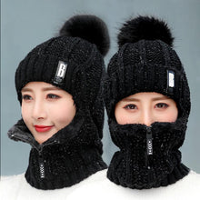 Load image into Gallery viewer, Coral Fleece Winter Women Knitted Hats Add Fur Warm Winter Hats For Women With Zipper Keep Face Warmer Balaclava Pompoms Cap Balaclava Gorgas Bonnet Knitted Hat Windproof Ski Mask Cold Weather Face Mask Motorcycle Balaclava Hood Warmer Winter Sports Cap