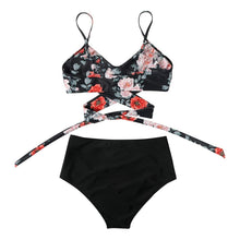 Load image into Gallery viewer, Modern Floral Bikini 2 Pieces Flower Print Bikini Set Women Crisscross High Waist String 2 Piece Bathing Suits High Waist Women's Swimsuit Shorts Solid Bikini Floral Summer Bikini Set