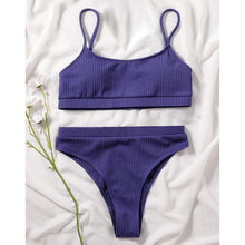 Load image into Gallery viewer, High Waist Bikinis Swimwear Women Push Up Swimsuits Solid High Waist Bikini Sets Sporty Two Pieces Swimsuit Scoop Neck Bathing Suits for Women Ribbed Bathing Suits High Cut Summer Beachwear