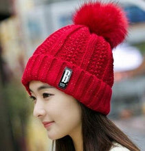 Load image into Gallery viewer, Warm Winter Skellies Beanies Knitted Hat Women Brand High Quality Winter Women Ball Ski Wool Fur Hat Pompoms Hats Knitted Scarf Women's Winter Beanie Hat, Warm Fleece Lined Knitted Soft Ski Cuff Cap with Pompom