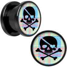Load image into Gallery viewer, Pink Green Plaid Heart Skull Black Anodized Screw Fit Plug Set 1/2
