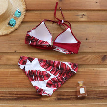 Load image into Gallery viewer, Push Up Women Bikinis Swimwear Women's Bathing Suits Push Up Halter Bandage Bikini Floral Printing Swim Bottoms Two Piece Swimsuits Women Swimsuits Bathing Suit Halter Leaf Print Beach Wear Plus Size