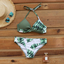 Load image into Gallery viewer, Push Up Women Bikinis Swimwear Women's Bathing Suits Push Up Halter Bandage Bikini Floral Printing Swim Bottoms Two Piece Swimsuits Women Swimsuits Bathing Suit Halter Leaf Print Beach Wear Plus Size