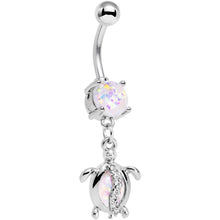Load image into Gallery viewer, White Faux Opal Clear Gem Beach Turtle Dangle Belly Ring