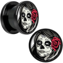 Load image into Gallery viewer, Katrina Sugar Skull with Rose Flower Black Anodized Screw Fit Plug Set 1/2