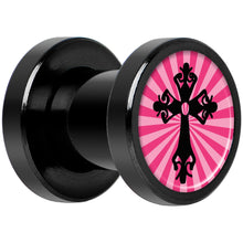 Load image into Gallery viewer, Pink Black Radiant Cross Black Anodized Screw Fit Plug Set 2G