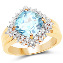 Load image into Gallery viewer, 14K Yellow Gold Plated 4.33 Carat Genuine Swiss Blue Topaz and White Topaz .925 Sterling Silver Ring