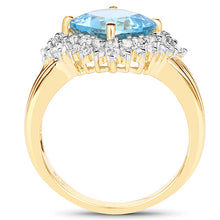 Load image into Gallery viewer, 14K Yellow Gold Plated 4.33 Carat Genuine Swiss Blue Topaz and White Topaz .925 Sterling Silver Ring