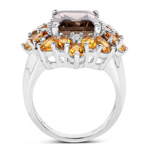Load image into Gallery viewer, 6.72 Carat Genuine Smoky Quartz, Citrine and White Diamond .925 Sterling Silver Ring
