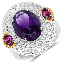 Load image into Gallery viewer, 5.58 Carat Genuine Amethyst, Rhodolite and White Diamond 14K Yellow Gold with .925 Sterling Silver Ring