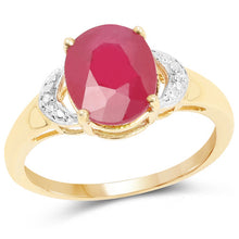Load image into Gallery viewer, 14K Yellow Gold Plated 4.01 Carat Glass Filled Ruby and White Diamond .925 Sterling Silver Ring