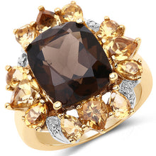 Load image into Gallery viewer, 14K Yellow Gold Plated 7.10 Carat Genuine Smoky Quartz, Citrine & White Topaz Brass Ring