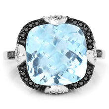 Load image into Gallery viewer, 8.29 Carat Genuine Swiss Blue Topaz, Black Diamond & White Diamond .925 Sterling Silver Ring