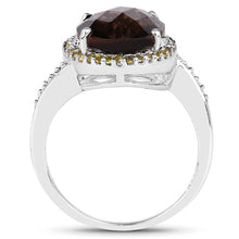 Load image into Gallery viewer, 4.85 Carat Genuine Smoky Quartz, Yellow Diamond & White Diamond .925 Sterling Silver Ring