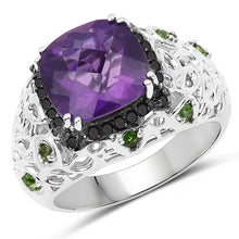 Load image into Gallery viewer, 3.27 Carat Genuine Amethyst, Chrome Diopside & Black Diamond .925 Sterling Silver Ring