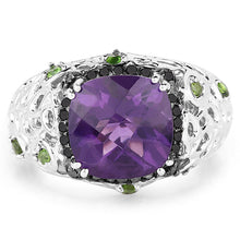 Load image into Gallery viewer, 3.27 Carat Genuine Amethyst, Chrome Diopside & Black Diamond .925 Sterling Silver Ring