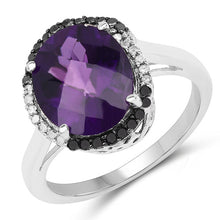 Load image into Gallery viewer, 4.52 Carat Genuine Amethyst, Black Diamond & White Diamond .925 Sterling Silver Ring