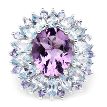 Load image into Gallery viewer, "7.79 Carat Genuine Amethyst, Blue Topaz and Tanzanite .925 Sterling Silver Ring