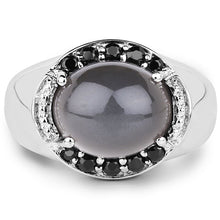 Load image into Gallery viewer, 5.68 Carat Genuine Grey Moonstone & Black Spinel .925 Sterling Silver Ring
