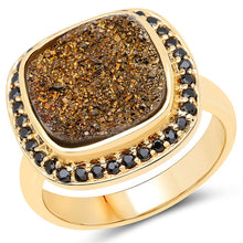 Load image into Gallery viewer, 14K Yellow Gold Plated 6.19 Carat Genuine Drusy Quartz and Black Spinel .925 Sterling Silver Ring