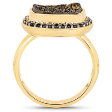 Load image into Gallery viewer, 14K Yellow Gold Plated 6.19 Carat Genuine Drusy Quartz and Black Spinel .925 Sterling Silver Ring