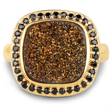 Load image into Gallery viewer, 14K Yellow Gold Plated 6.19 Carat Genuine Drusy Quartz and Black Spinel .925 Sterling Silver Ring