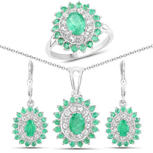 Load image into Gallery viewer, 6.53 Carat Genuine Zambian Emerald and White Topaz .925 Sterling Silver 3 Piece Jewelry Set (Ring, Earrings, and Pendant w/ Chain)