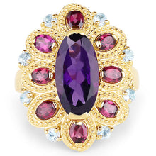 Load image into Gallery viewer, 14K Yellow Gold Plated 6.80 Carat Genuine Amethyst, Rhodolite & Blue Topaz .925 Sterling Silver Ring