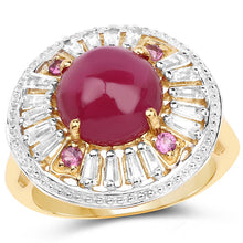 Load image into Gallery viewer, 14K Yellow Gold Plated 8.91 Carat Genuine Glass Filled Ruby, Rhodolite & White Topaz .925 Sterling Silver Ring
