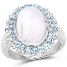 Load image into Gallery viewer, 7.21 Carat Genuine White Rainbow Moonstone & Swiss Blue Topaz .925 Sterling Silver Ring