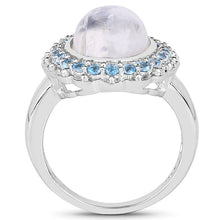 Load image into Gallery viewer, 7.21 Carat Genuine White Rainbow Moonstone & Swiss Blue Topaz .925 Sterling Silver Ring