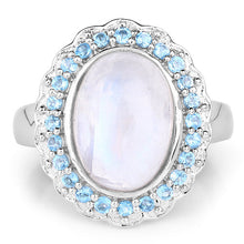 Load image into Gallery viewer, 7.21 Carat Genuine White Rainbow Moonstone & Swiss Blue Topaz .925 Sterling Silver Ring