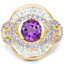 Load image into Gallery viewer, 14K Yellow Gold Plated 3.93 Carat Genuine Amethyst, Tanzanite and White Topaz .925 Sterling Silver Ring