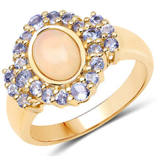 Load image into Gallery viewer, 14K Yellow Gold Plated 1.74 Carat Genuine Ethiopian Opal and Tanzanite .925 Sterling Silver Ring