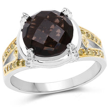 Load image into Gallery viewer, 3.28 Carat Genuine Smoky Quartz, Yellow Diamond & White Diamond .925 Sterling Silver Ring