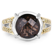 Load image into Gallery viewer, 3.28 Carat Genuine Smoky Quartz, Yellow Diamond & White Diamond .925 Sterling Silver Ring