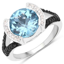 Load image into Gallery viewer, "4.99 Carat Genuine Swiss Blue Topaz, White Diamond and Black Diamond .925 Sterling Silver Ring