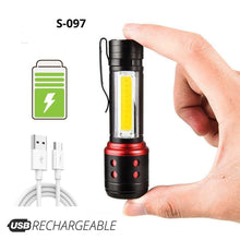 Load image into Gallery viewer, Rechargeable Adjustable LED Flashlight with Worklight Mini LED 4 Lighting Modes Flashlight with Water-Resistant COB Side Light Portable Zoomable High Lumens Lamp For Camping Hiking