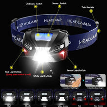 Load image into Gallery viewer, Rechargeable Adjustable LED USB Headlamp 10000Lm Powerfull Adjustable Waterproof Headlight Body Motion Sensor Head Flashlight For Outdoor Hiking Camping Torch Light Lamp