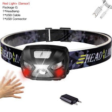 Load image into Gallery viewer, Rechargeable Adjustable LED USB Headlight Powerfull Elastic High Lumens Headband Headlamp Motion Sensor Flashlight For Adults Kids Running Camping Hiking Camping