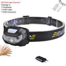 Load image into Gallery viewer, Rechargeable Adjustable LED USB Headlight Powerfull Elastic High Lumens Headband Headlamp Motion Sensor Flashlight For Adults Kids Running Camping Hiking Camping